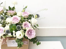 Load image into Gallery viewer, Flower Box To You (Roses, Eustoma, Echinops, Eucalyptus, Thalapsi, Greens)