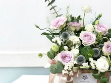 Load image into Gallery viewer, Flower Box To You (Roses, Eustoma, Echinops, Eucalyptus, Thalapsi, Greens)
