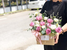 Load image into Gallery viewer, Flower Box To You (Roses, Eucalyptus, Statice, Casphia, Eryngium, Bear Grass)