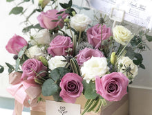 Load image into Gallery viewer, Flower Box To You (Roses, Eucalyptus, Statice, Casphia, Eryngium, Bear Grass)