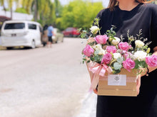 Load image into Gallery viewer, Flower Box To You (Roses, Eucalyptus, Statice, Casphia, Eryngium, Bear Grass)