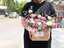 Load image into Gallery viewer, Flower Box To You (Roses, Eucalyptus, Statice, Casphia, Eryngium, Bear Grass)