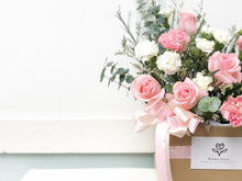 Load image into Gallery viewer, Flower Box To You (Roses, Carnation, Spray Carnation, Eucalyptus, Statice, Casphia)