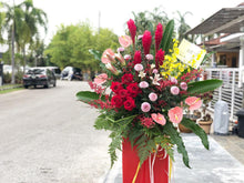Load image into Gallery viewer, Congratulations Flower Stand To You (Red Ginger, Anthurium, Lily, Roses, Ping Pong, Orchids, and Greens!)

