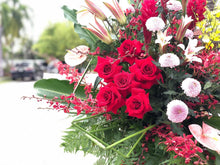 Load image into Gallery viewer, Congratulations Flower Stand To You (Red Ginger, Anthurium, Lily, Roses, Ping Pong, Orchids, and Greens!)