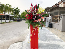 Load image into Gallery viewer, Congratulations Flower Stand To You (Red Ginger, Anthurium, Lily, Roses, Ping Pong, Orchids, and Greens!)