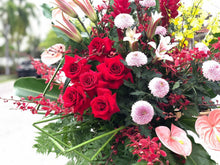 Load image into Gallery viewer, Congratulations Flower Stand To You (Red Ginger, Anthurium, Lily, Roses, Ping Pong, Orchids, and Greens!)
