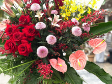 Load image into Gallery viewer, Congratulations Flower Stand To You (Red Ginger, Anthurium, Lily, Roses, Ping Pong, Orchids, and Greens!)