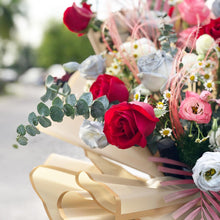 Load image into Gallery viewer, Congratulations Flower Stand To You : Roses, Chamomile, Eucalyptus, Stipa, Fish Tail, Palm Leaves
