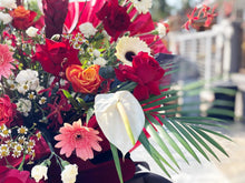 Load image into Gallery viewer, Congratulations Flower Stand To You (Ginger, Roses, Orchids, Spray Carnation, Chamomile, Eucalyptus, Anthurium, Palm Leaves)