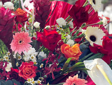 Load image into Gallery viewer, Congratulations Flower Stand To You (Ginger, Roses, Orchids, Spray Carnation, Chamomile, Eucalyptus, Anthurium, Palm Leaves)