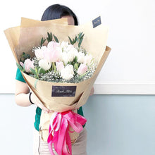 Load image into Gallery viewer, Prestige Bouquet To You Snack Wrap Bouquet (Tulip, Baby Breathe, Parvifolia)