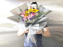 Load image into Gallery viewer, Prestige Wrap To You - Sunflower, Roses, Statice, Bany Breath, Eucalyptus, Bear Grass Erasmus Darwin