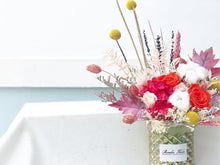 Load image into Gallery viewer, Preserved Flowers Vase To You (3 Roses + Hydrangea Design Chili Red Yellow)