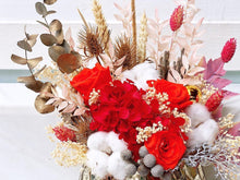 Load image into Gallery viewer, Preserved Flowers Vase To You (3 Roses + Hydrangea Design Red Gold)