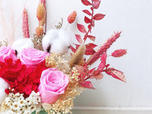 Load image into Gallery viewer, Preserved Flowers Vase To You (3 Roses + Hydrangea Design Red Pink)
