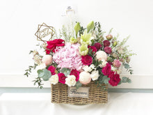 Load image into Gallery viewer, Flower Basket To You (Hydrangea, Roses, Ping Pong, Eustoma, Eucalytus)