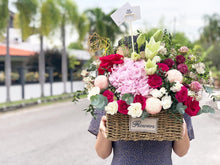 Load image into Gallery viewer, Flower Basket To You (Hydrangea, Roses, Ping Pong, Eustoma, Eucalytus)