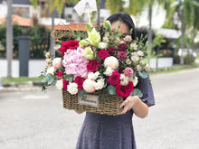 Load image into Gallery viewer, Flower Basket To You (Hydrangea, Roses, Ping Pong, Eustoma, Eucalytus)
