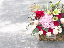 Load image into Gallery viewer, Flower Basket To You (Hydrangea, Roses, Ping Pong, Eustoma, Eucalytus)