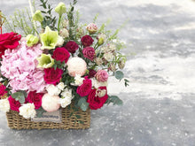 Load image into Gallery viewer, Flower Basket To You (Hydrangea, Roses, Ping Pong, Eustoma, Eucalytus)