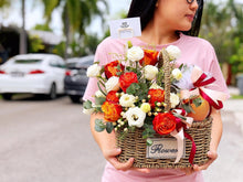 Load image into Gallery viewer, Fruit Flower Basket To You (Roses, Eustoma, Wax Flower, Eucalytus)