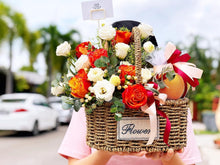 Load image into Gallery viewer, Fruit Flower Basket To You (Roses, Eustoma, Wax Flower, Eucalytus)