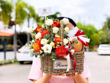Load image into Gallery viewer, Fruit Flower Basket To You (Roses, Eustoma, Wax Flower, Eucalytus)