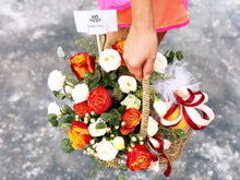 Load image into Gallery viewer, Fruit Flower Basket To You (Roses, Eustoma, Wax Flower, Eucalytus)