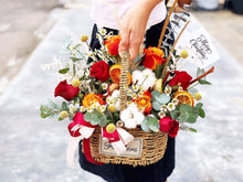 Load image into Gallery viewer, Flower Basket To You (Roses, Eustoma, Dried Fruits , Craspedia, Pampas, Eucalytus)