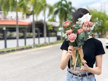 Load image into Gallery viewer, Flower Jar To You (Premium Cappuccino Roses & Eucalyptus)