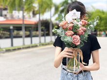Load image into Gallery viewer, Flower Jar To You (Premium Cappuccino Roses & Eucalyptus)