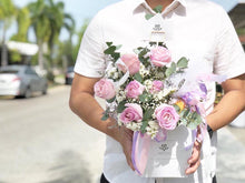 Load image into Gallery viewer, Fruit Flower Basket To You (Roses, Eustoma, Wax Flower, Eucalytus)