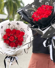 Load image into Gallery viewer, Exclusive LV Wrap Flower Bouquet To You (Everlasting Red Soap Flower- 18 Stalks Black Design)