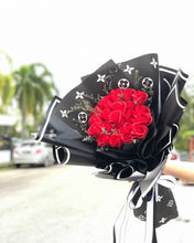 Load image into Gallery viewer, Exclusive LV Wrap Flower Bouquet To You (Everlasting Red Soap Flower- 18 Stalks Black Design)