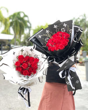 Load image into Gallery viewer, Exclusive LV Wrap Flower Bouquet To You (Everlasting Red Soap Flower- 18 Stalks Black Design)