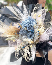 Load image into Gallery viewer, Prestige Wrap Preserved Roses To You (3 Roses & Hydrangea Deep Blue Design)