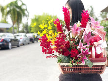 Load image into Gallery viewer, Extravagant Fruit Flower Basket To You (Lily, Ginger, Assorted Orchids & Roses Design)