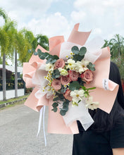 Load image into Gallery viewer, Premium Prestige Bouquet To You (Cappuccino Roses, Chamomile, Butterfly Ranunculus,  Eucalyptus Style Wrap )
