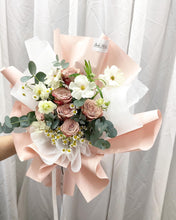 Load image into Gallery viewer, Premium Prestige Bouquet To You (Cappuccino Roses, Chamomile, Butterfly Ranunculus,  Eucalyptus Style Wrap )