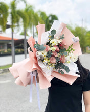 Load image into Gallery viewer, Premium Prestige Bouquet To You (Cappuccino Roses, Chamomile, Butterfly Ranunculus,  Eucalyptus Style Wrap )