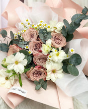 Load image into Gallery viewer, Premium Prestige Bouquet To You (Cappuccino Roses, Chamomile, Butterfly Ranunculus,  Eucalyptus Style Wrap )