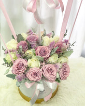 Load image into Gallery viewer, Hot Air Ballon To You Hot Air Baloon To You ( 24 Purple White Roses Silver Leaf Design)