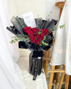Valentines Prestige  Style Wrap Bouquet To You -10 Kenya Roses Eucalyptus Design