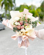 Load image into Gallery viewer, Premium Prestige Bouquet To You (Cappuccino Roses, Chamomile, Butterfly Ranunculus,  Eucalyptus Style Wrap )