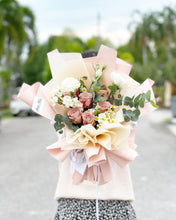 Load image into Gallery viewer, Premium Prestige Bouquet To You (Cappuccino Roses, Chamomile, Butterfly Ranunculus,  Eucalyptus Style Wrap )