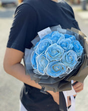 Load image into Gallery viewer, Everlasting Soap Flower Bouquet To You -12 Roses Blue White Lacey Design)