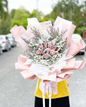 Load image into Gallery viewer, Prestige Bouquet To You (9 Cappuccino Roses with Eucalyptus Design Pink Wrap Design)