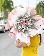 Load image into Gallery viewer, Prestige Bouquet To You (9 Cappuccino Roses with Eucalyptus Design Pink Wrap Design)