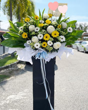 Load image into Gallery viewer, Condolences Flower Stand To You (Chrysanthemum Mum, Chrysanthemum Spray, Gerberas, Rainforest Leaves, Snow White)